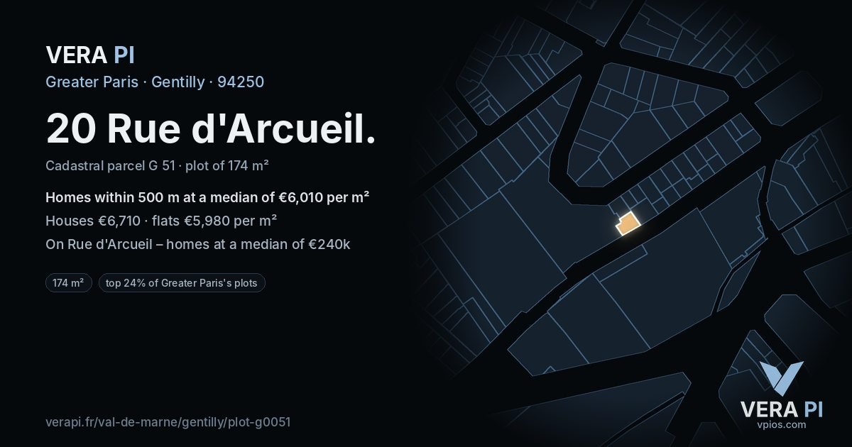 20 Rue d'Arcueil, Gentilly at night – the plot lit, the parcels around coloured by the prices near them