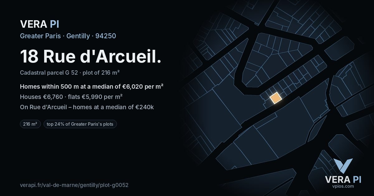 18 Rue d'Arcueil, Gentilly at night – the plot lit, the parcels around coloured by the prices near them