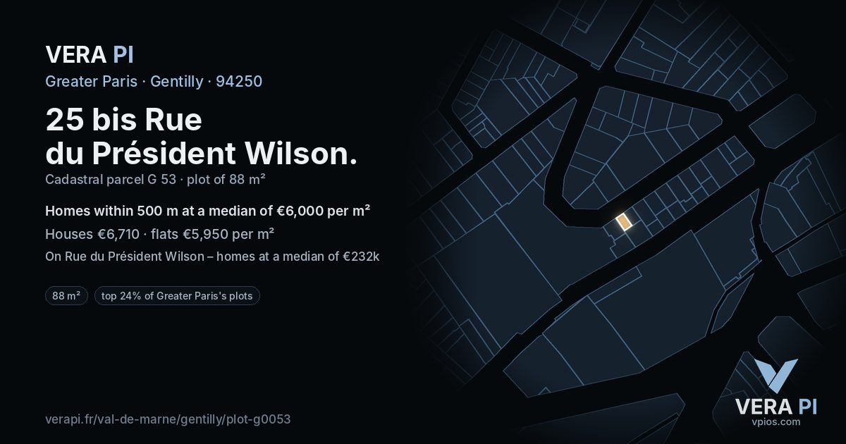 25 bis Rue du Président Wilson, Gentilly at night – the plot lit, the parcels around coloured by the prices near them