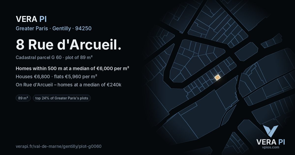8 Rue d'Arcueil, Gentilly at night – the plot lit, the parcels around coloured by the prices near them