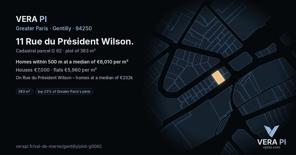 11 Rue du Président Wilson, Gentilly at night – the plot lit, the parcels around coloured by the prices near them