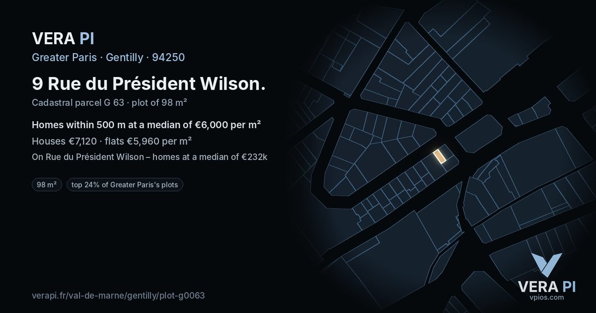 9 Rue du Président Wilson, Gentilly at night – the plot lit, the parcels around coloured by the prices near them