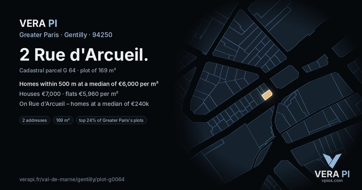 2 Rue d'Arcueil, Gentilly at night – the plot lit, the parcels around coloured by the prices near them