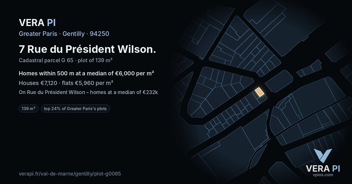 7 Rue du Président Wilson, Gentilly at night – the plot lit, the parcels around coloured by the prices near them