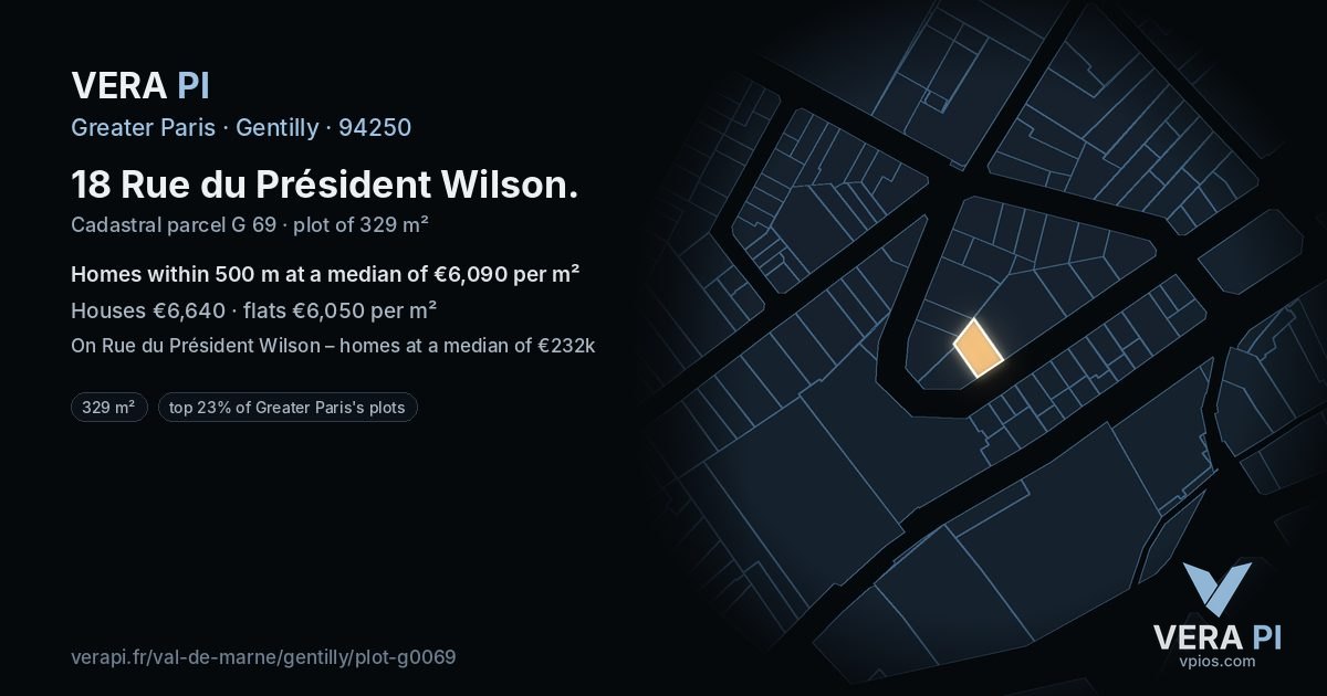18 Rue du Président Wilson, Gentilly at night – the plot lit, the parcels around coloured by the prices near them