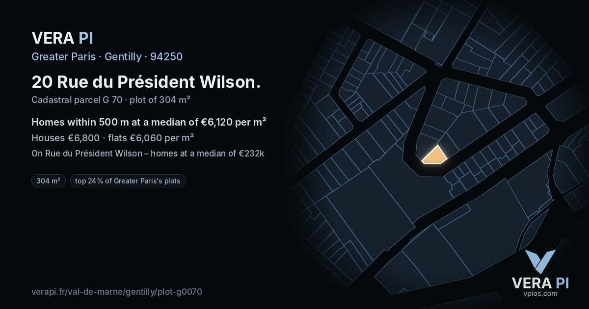 20 Rue du Président Wilson, Gentilly at night – the plot lit, the parcels around coloured by the prices near them