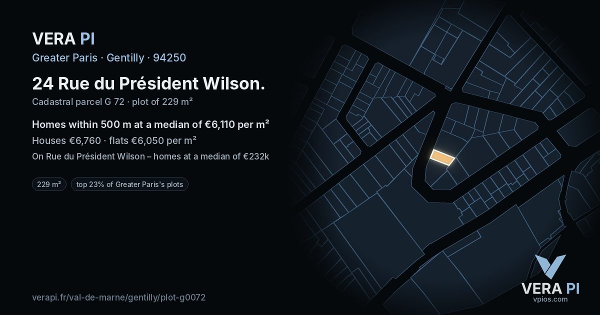 24 Rue du Président Wilson, Gentilly at night – the plot lit, the parcels around coloured by the prices near them