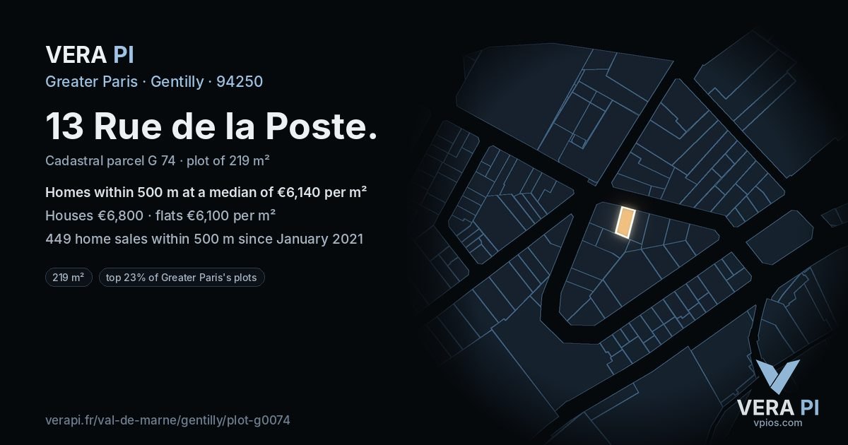 13 Rue de la Poste, Gentilly at night – the plot lit, the parcels around coloured by the prices near them