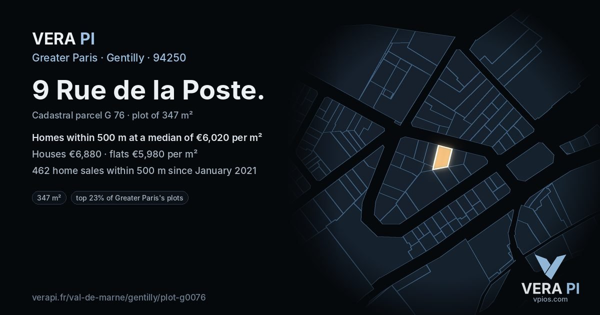 9 Rue de la Poste, Gentilly at night – the plot lit, the parcels around coloured by the prices near them