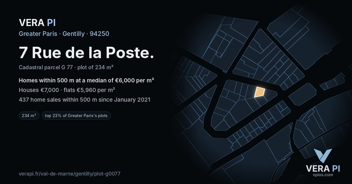 7 Rue de la Poste, Gentilly at night – the plot lit, the parcels around coloured by the prices near them