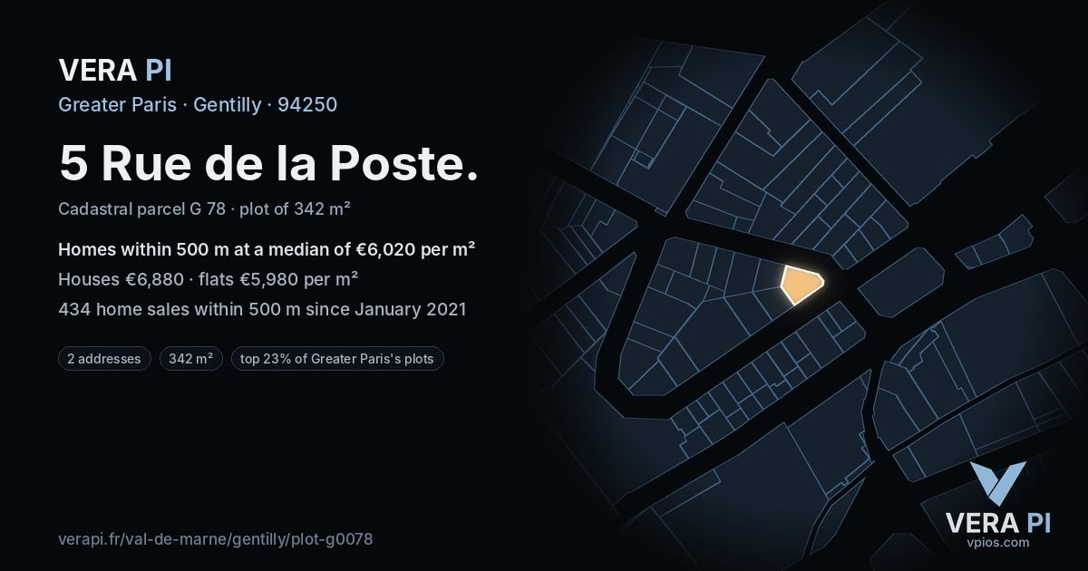 5 Rue de la Poste, Gentilly at night – the plot lit, the parcels around coloured by the prices near them