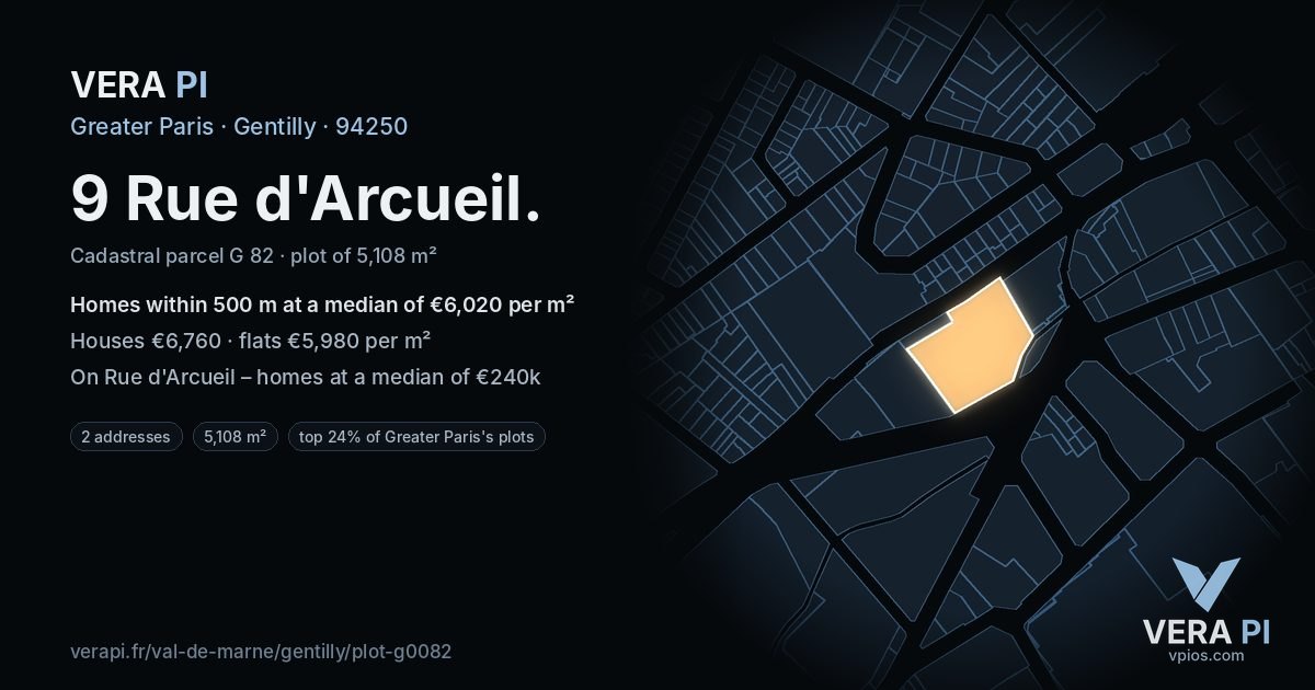9 Rue d'Arcueil, Gentilly at night – the plot lit, the parcels around coloured by the prices near them