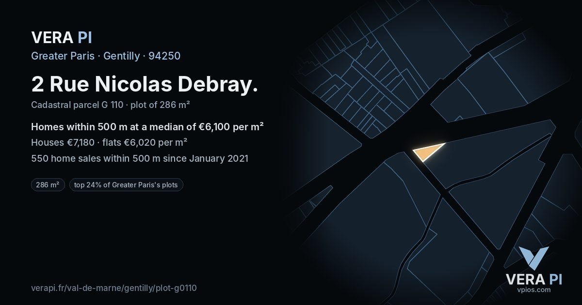 2 Rue Nicolas Debray, Gentilly at night – the plot lit, the parcels around coloured by the prices near them