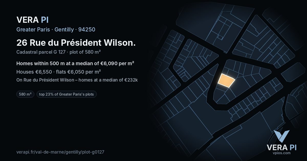 26 Rue du Président Wilson, Gentilly at night – the plot lit, the parcels around coloured by the prices near them