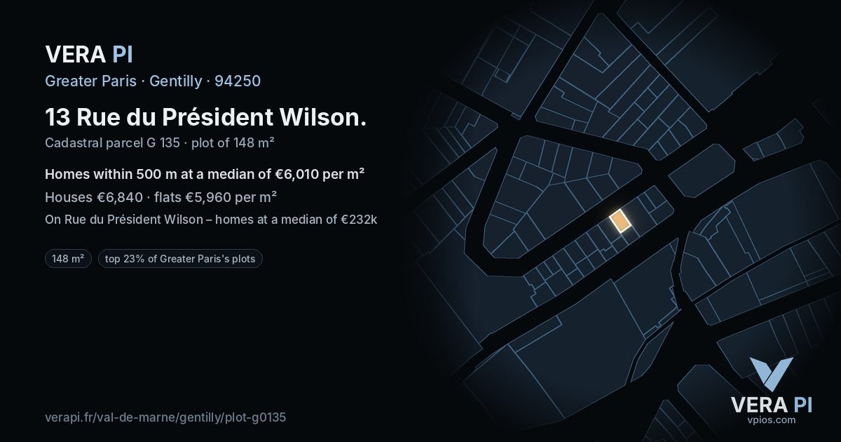 13 Rue du Président Wilson, Gentilly at night – the plot lit, the parcels around coloured by the prices near them