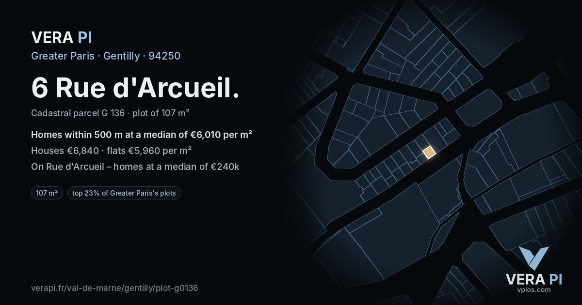 6 Rue d'Arcueil, Gentilly at night – the plot lit, the parcels around coloured by the prices near them