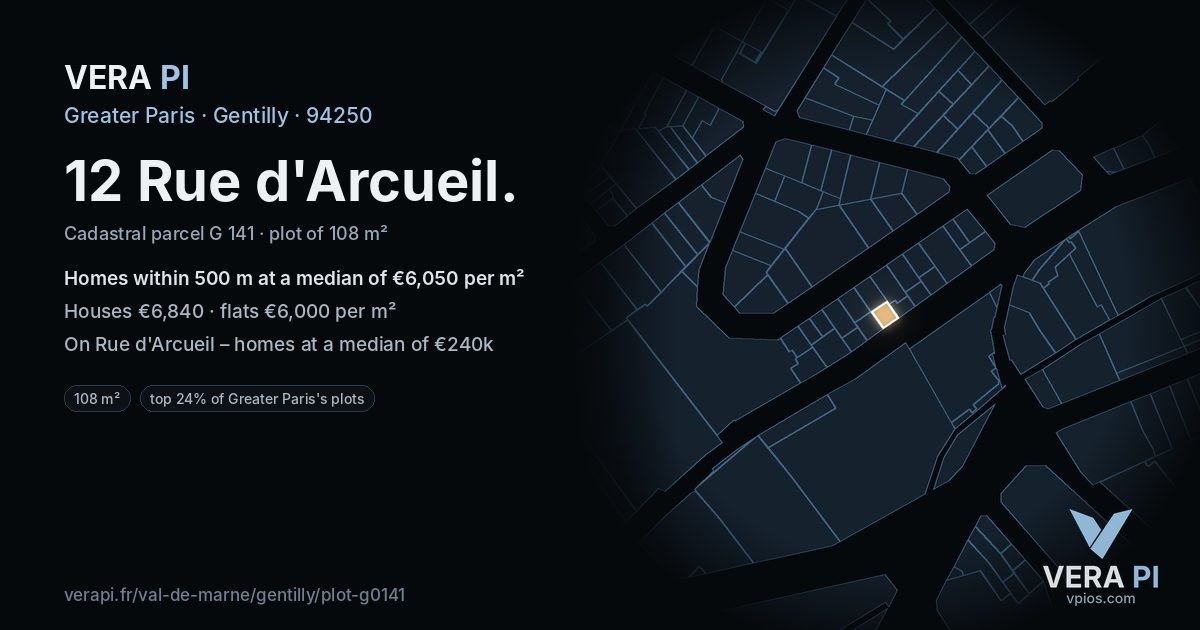 12 Rue d'Arcueil, Gentilly at night – the plot lit, the parcels around coloured by the prices near them