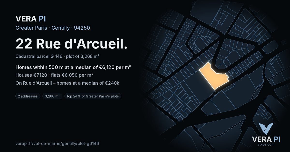 22 Rue d'Arcueil, Gentilly at night – the plot lit, the parcels around coloured by the prices near them