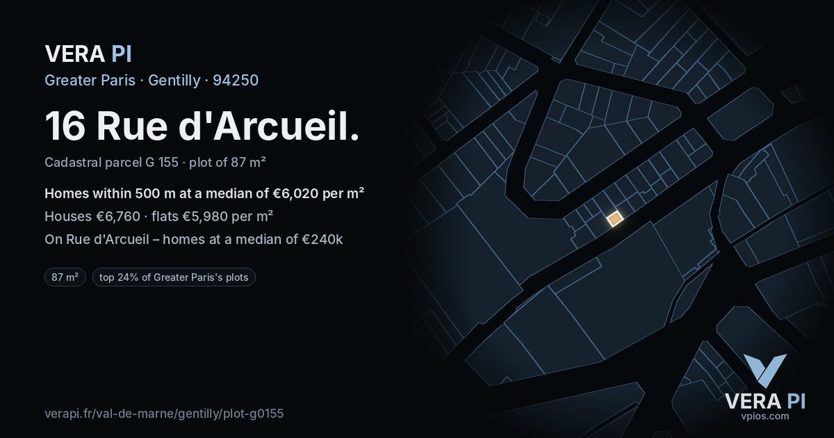 16 Rue d'Arcueil, Gentilly at night – the plot lit, the parcels around coloured by the prices near them
