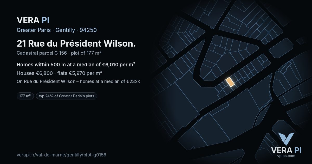 21 Rue du Président Wilson, Gentilly at night – the plot lit, the parcels around coloured by the prices near them