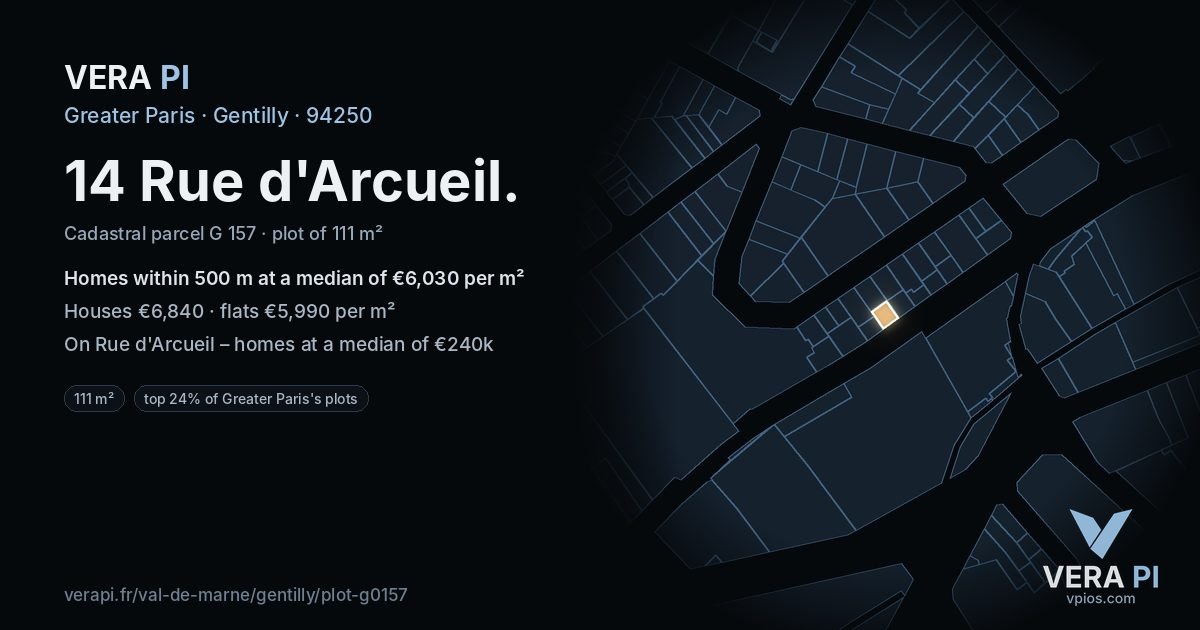 14 Rue d'Arcueil, Gentilly at night – the plot lit, the parcels around coloured by the prices near them