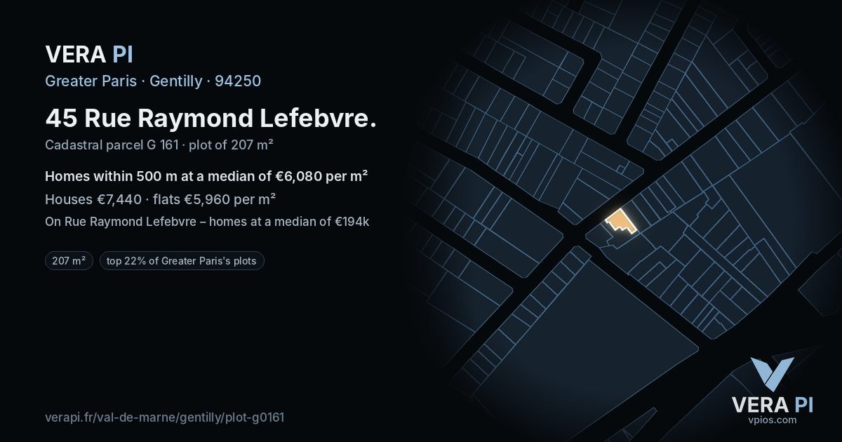 45 Rue Raymond Lefebvre, Gentilly at night – the plot lit, the parcels around coloured by the prices near them