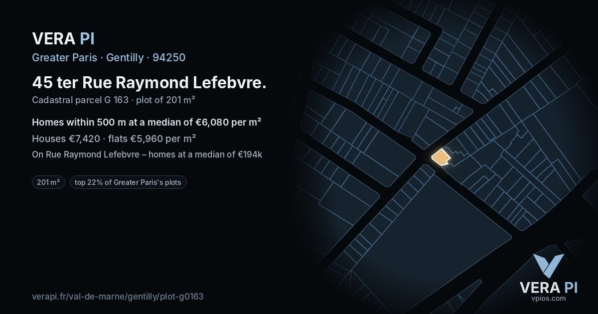 45 ter Rue Raymond Lefebvre, Gentilly at night – the plot lit, the parcels around coloured by the prices near them