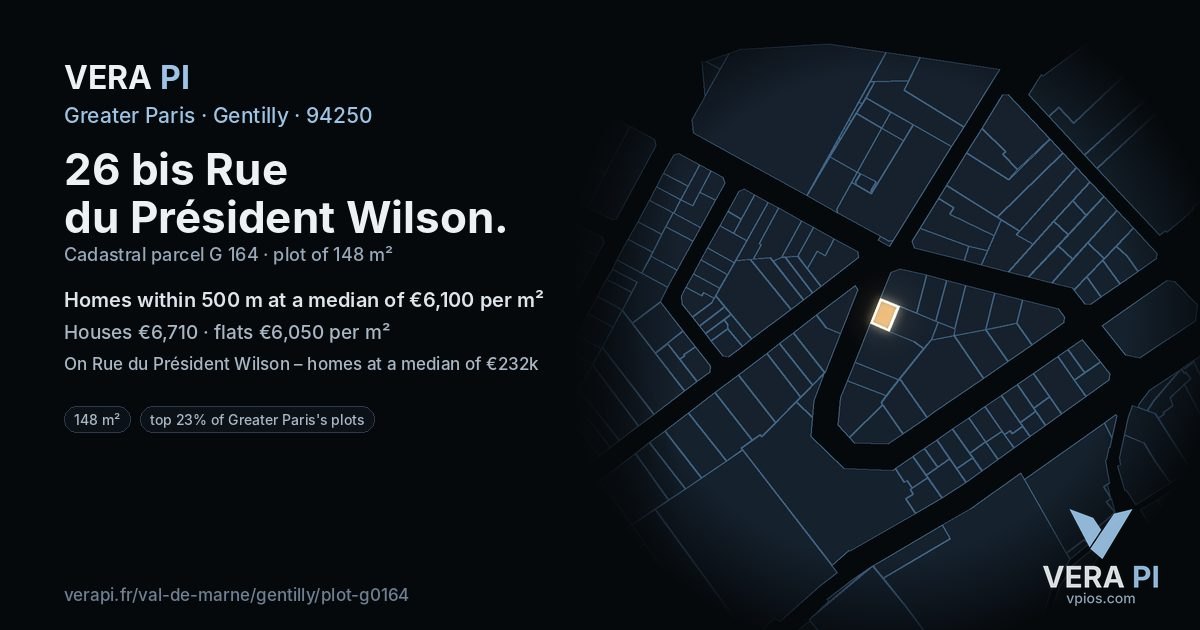 26 bis Rue du Président Wilson, Gentilly at night – the plot lit, the parcels around coloured by the prices near them