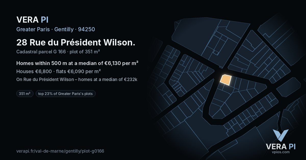 28 Rue du Président Wilson, Gentilly at night – the plot lit, the parcels around coloured by the prices near them