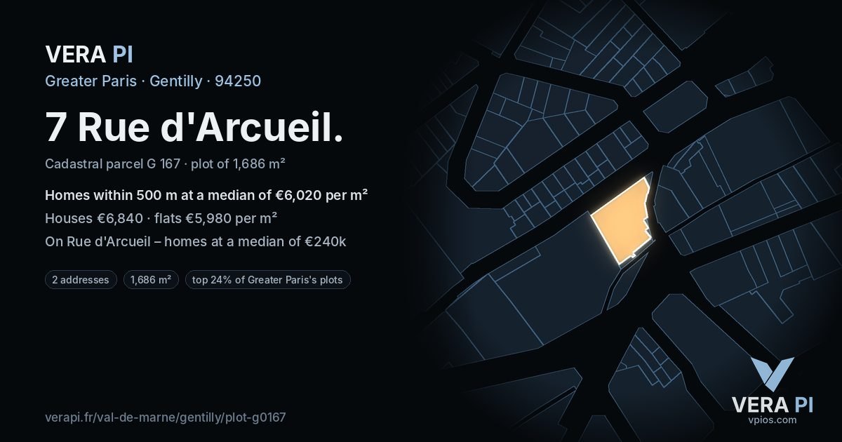 7 Rue d'Arcueil, Gentilly at night – the plot lit, the parcels around coloured by the prices near them
