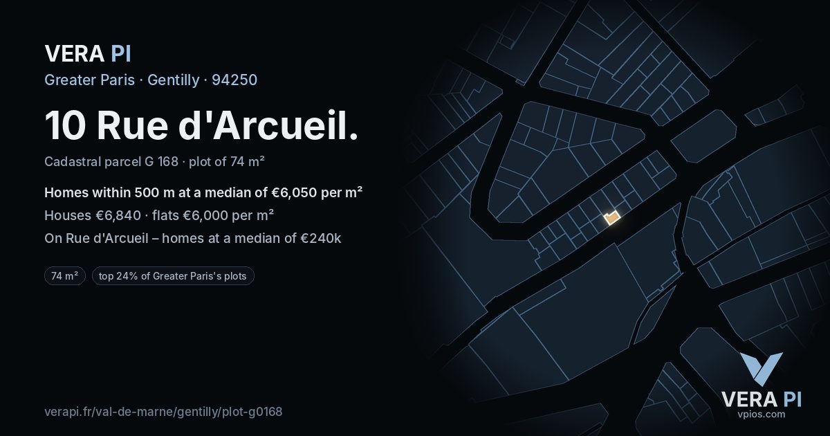 10 Rue d'Arcueil, Gentilly at night – the plot lit, the parcels around coloured by the prices near them