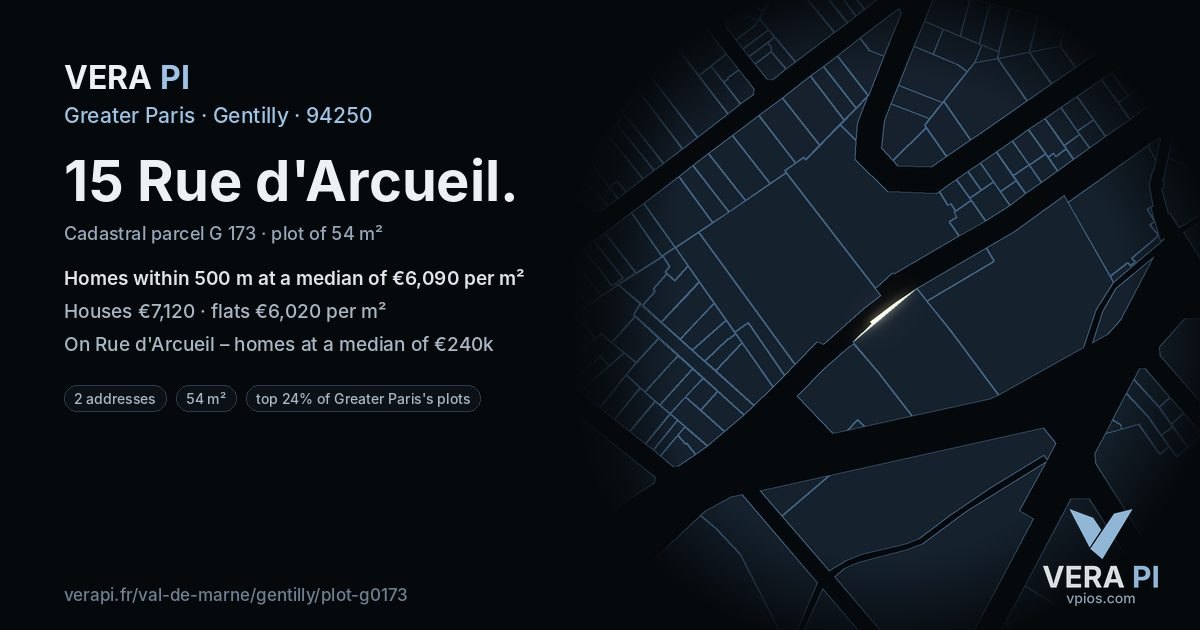 15 Rue d'Arcueil, Gentilly at night – the plot lit, the parcels around coloured by the prices near them