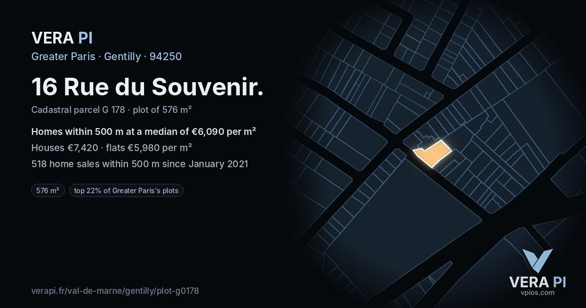 16 Rue du Souvenir, Gentilly at night – the plot lit, the parcels around coloured by the prices near them