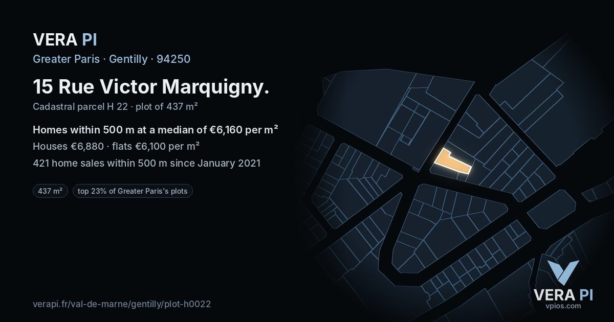 15 Rue Victor Marquigny, Gentilly at night – the plot lit, the parcels around coloured by the prices near them
