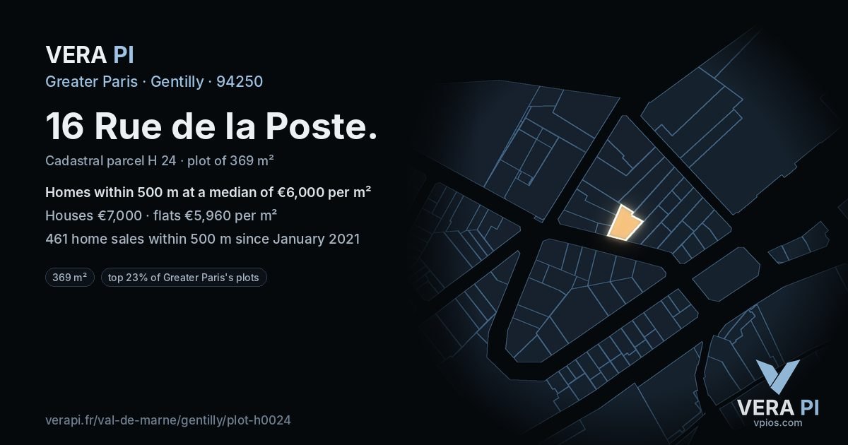 16 Rue de la Poste, Gentilly at night – the plot lit, the parcels around coloured by the prices near them