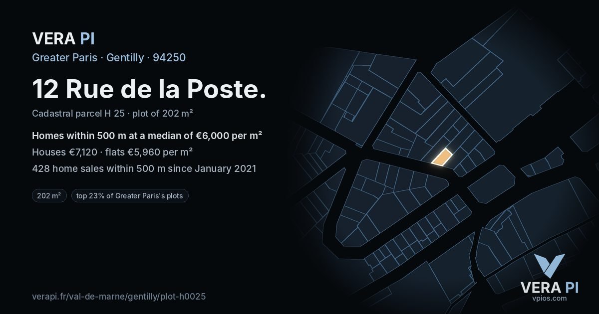 12 Rue de la Poste, Gentilly at night – the plot lit, the parcels around coloured by the prices near them