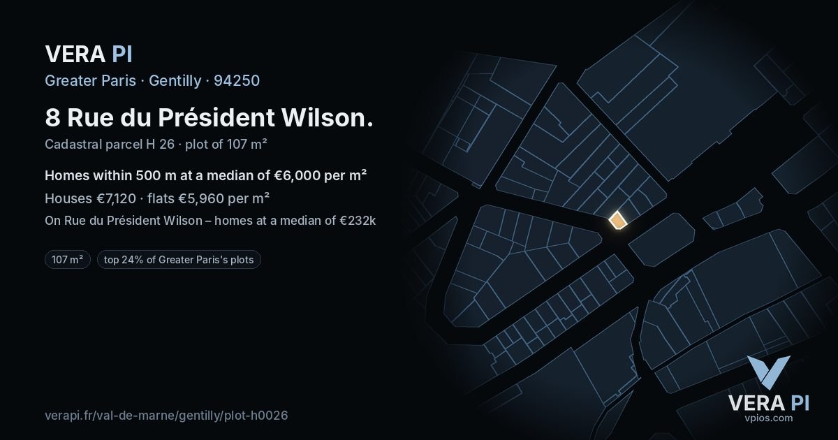 8 Rue du Président Wilson, Gentilly at night – the plot lit, the parcels around coloured by the prices near them