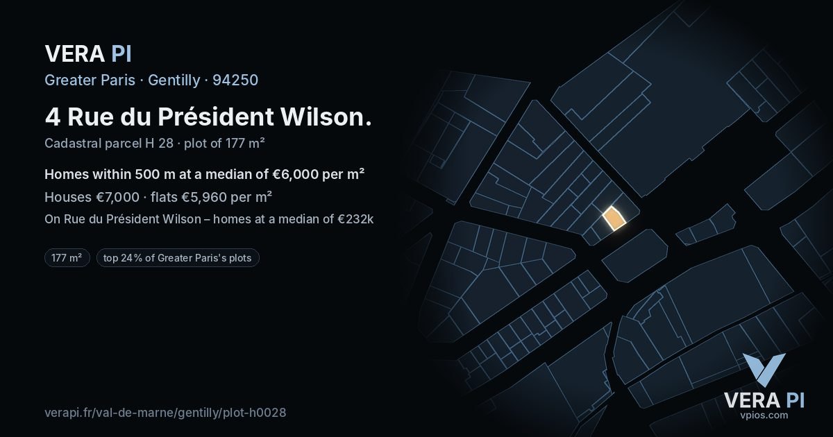 4 Rue du Président Wilson, Gentilly at night – the plot lit, the parcels around coloured by the prices near them