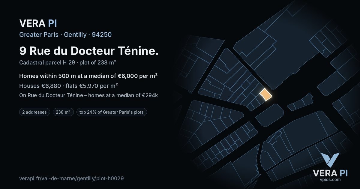 9 Rue du Docteur Ténine, Gentilly at night – the plot lit, the parcels around coloured by the prices near them