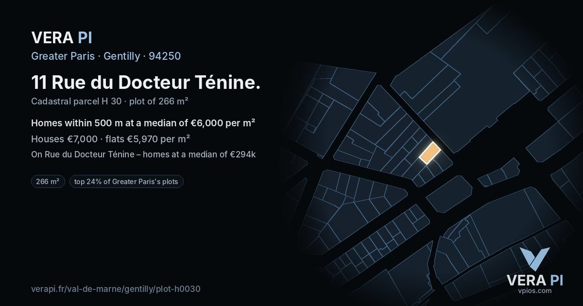 11 Rue du Docteur Ténine, Gentilly at night – the plot lit, the parcels around coloured by the prices near them