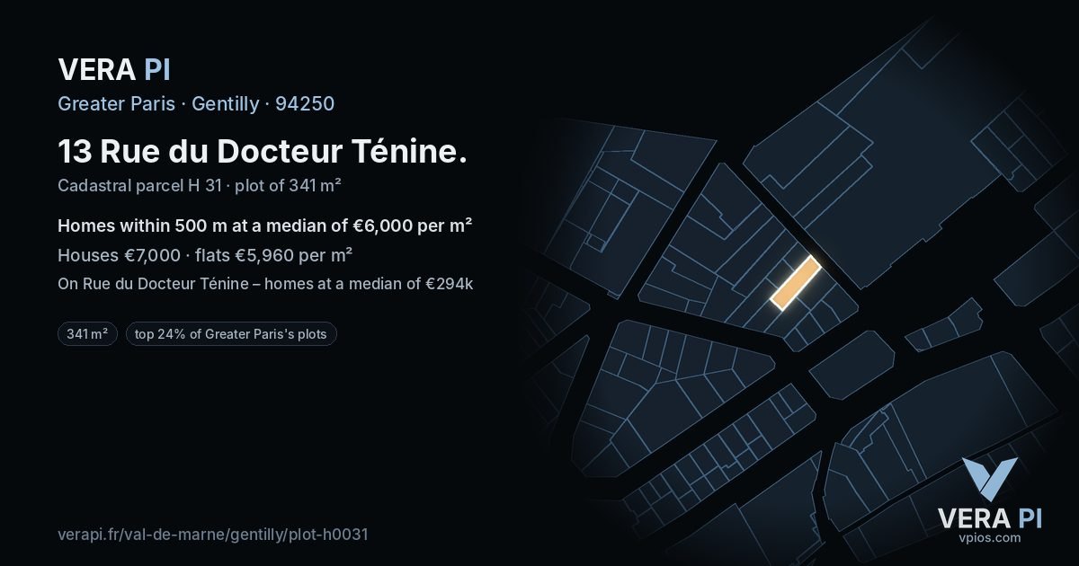 13 Rue du Docteur Ténine, Gentilly at night – the plot lit, the parcels around coloured by the prices near them