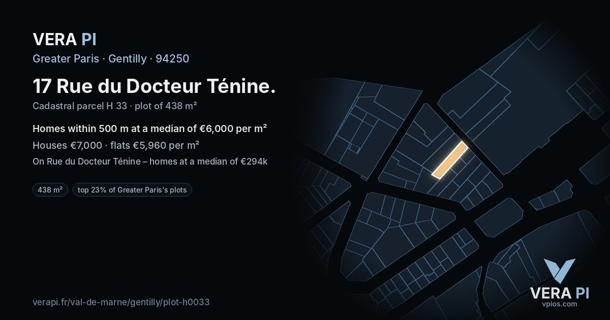 17 Rue du Docteur Ténine, Gentilly at night – the plot lit, the parcels around coloured by the prices near them