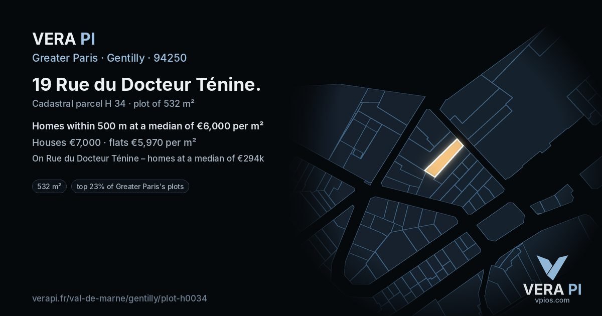 19 Rue du Docteur Ténine, Gentilly at night – the plot lit, the parcels around coloured by the prices near them