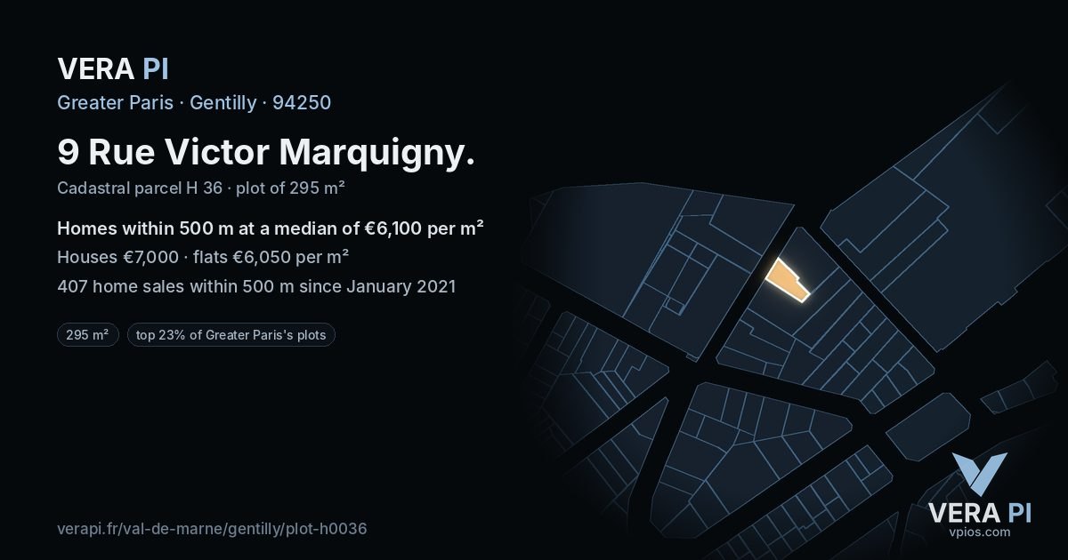 9 Rue Victor Marquigny, Gentilly at night – the plot lit, the parcels around coloured by the prices near them