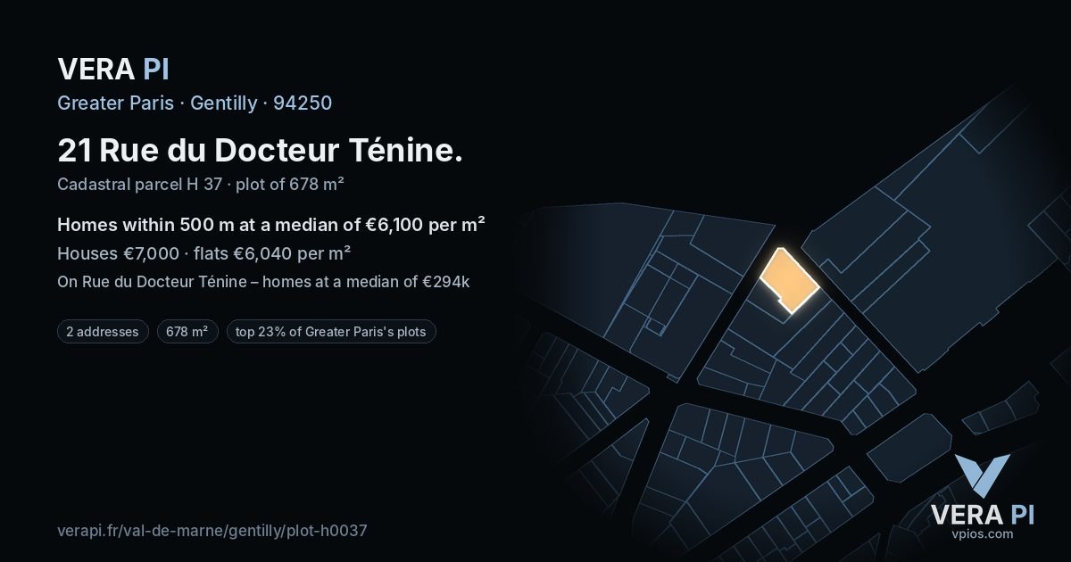 21 Rue du Docteur Ténine, Gentilly at night – the plot lit, the parcels around coloured by the prices near them