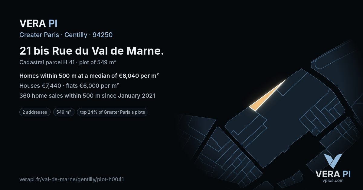 21 bis Rue du Val de Marne, Gentilly at night – the plot lit, the parcels around coloured by the prices near them