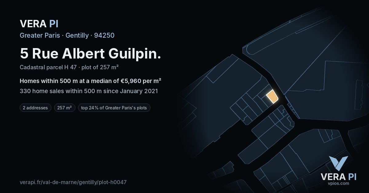 5 Rue Albert Guilpin, Gentilly at night – the plot lit, the parcels around coloured by the prices near them