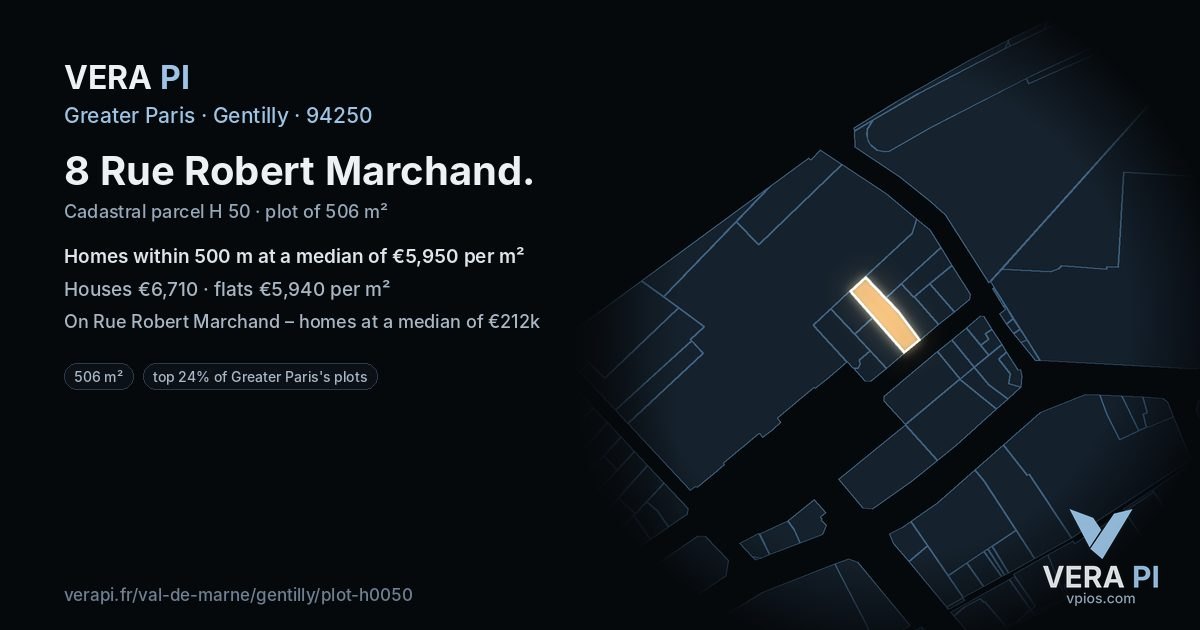 8 Rue Robert Marchand, Gentilly at night – the plot lit, the parcels around coloured by the prices near them