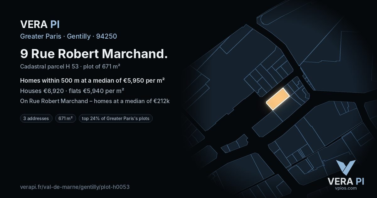 9 Rue Robert Marchand, Gentilly at night – the plot lit, the parcels around coloured by the prices near them