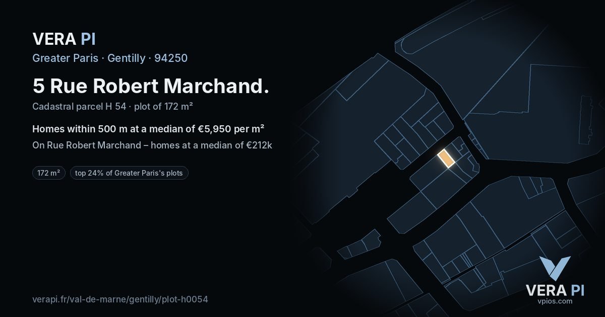 5 Rue Robert Marchand, Gentilly at night – the plot lit, the parcels around coloured by the prices near them